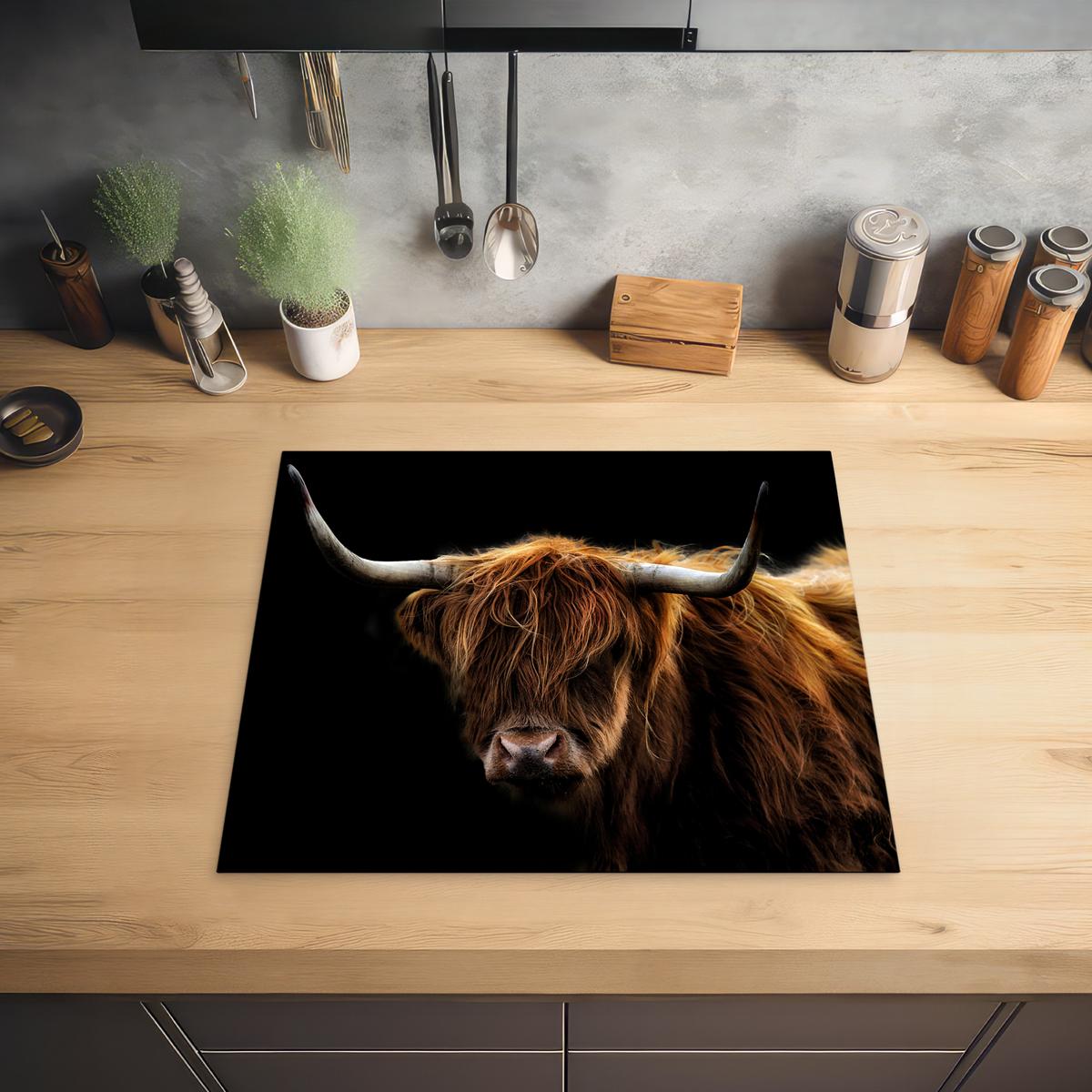HERDABDECKPLATTE Schottischer Highlander - Hörner - Schwarz - Tiere - Natur - Wild - Kuh Abdeckung Ceranfeld 59x51 cm - Cognac, Kunststoff (59/51/0.2cm) - MuchoWow
