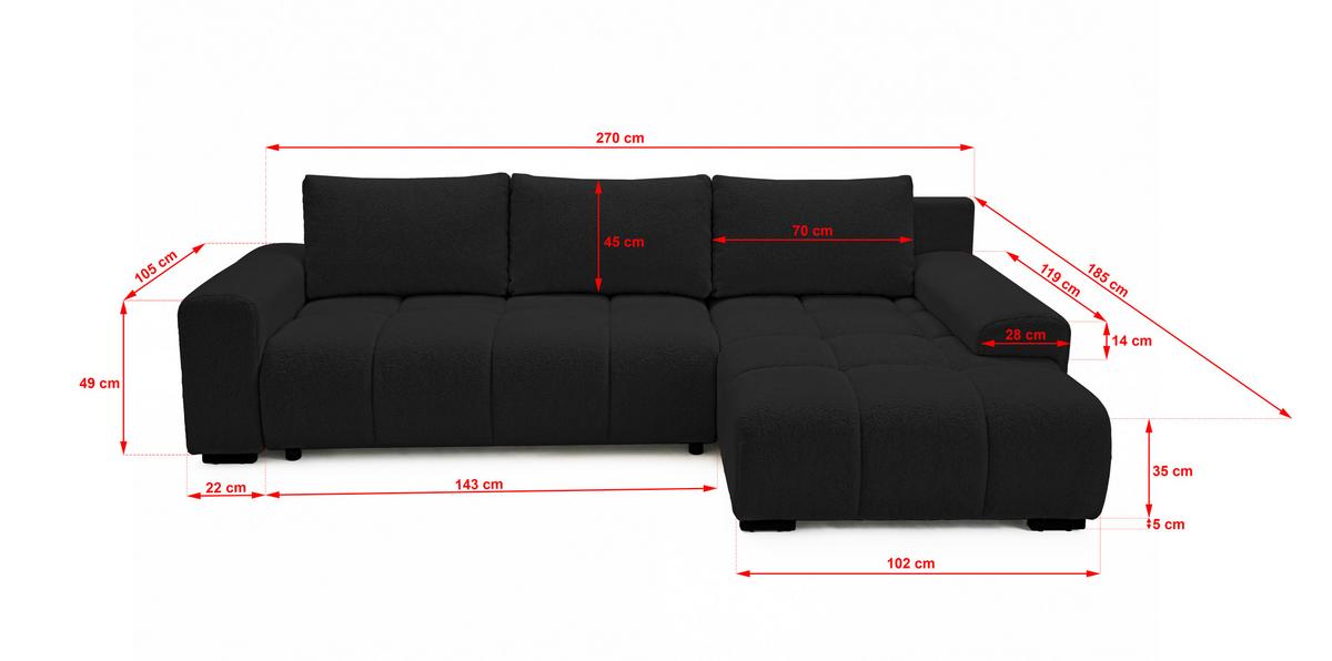 ECKSOFA Ovia mit Bettkasten und Schlaffunktion, Bouclé-Stoff in L-Form - Schwarz, Textil (270/185cm)