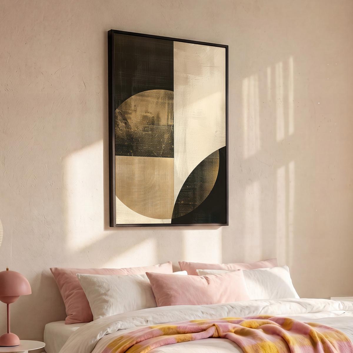 LEINWAND Bilder mit Rahmen - Abstrakt - Geometrische Formen - Schwarz - Gold - 90x140 - Ecru, Textil (90/140cm) - MuchoWow