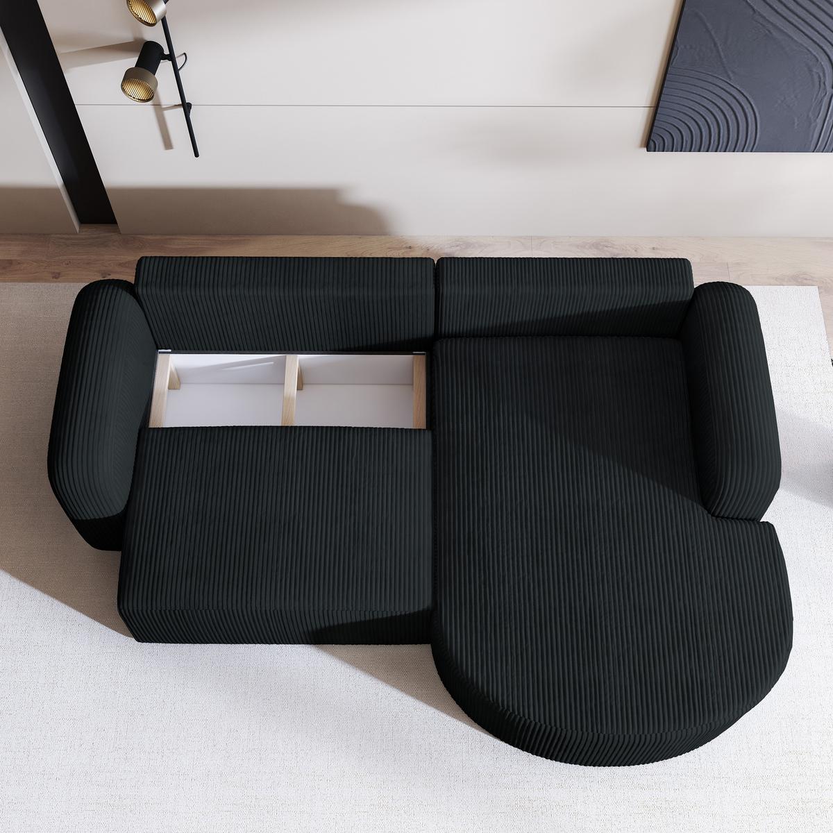 ECKSOFA AMILIA P R-S Schwarz Kordstoff mit Schlaffunktion - Schwarz, Holz (263/174cm) - MASSENO
