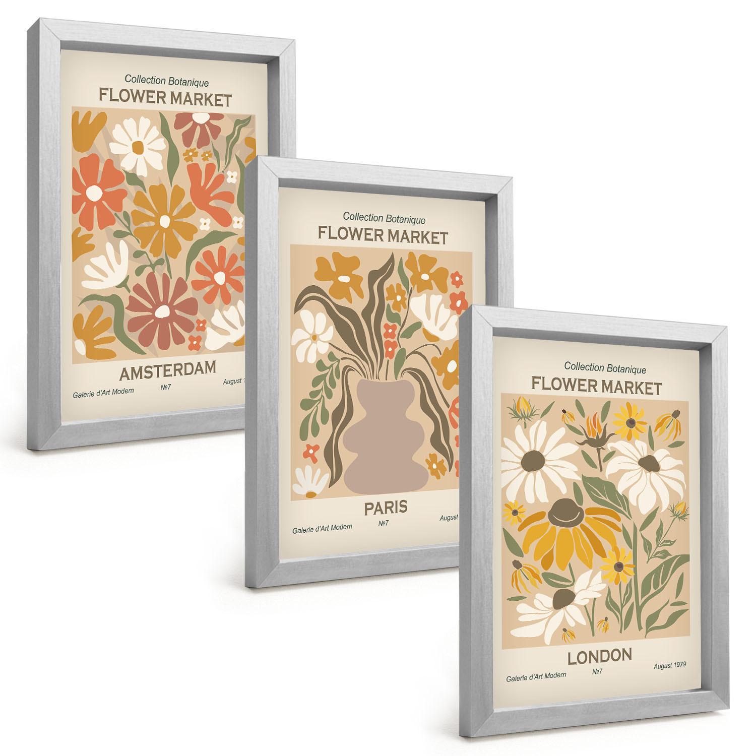 BILDER SET 3er Set - 20x30 cm Silberner Rahmen - Blumenmuster Amsterdam Paris London - Silberfarben, Kunststoff (20/30cm) - TULUP