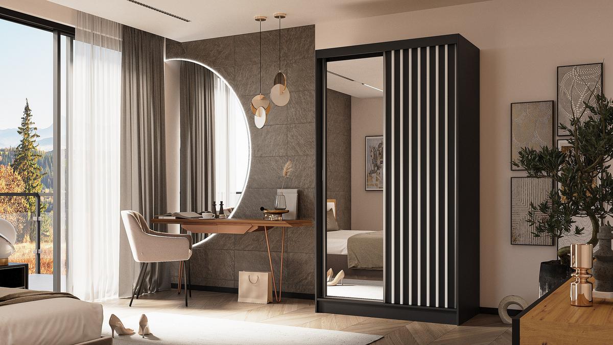 KLEIDERSCHRANK mit Spiegel-Schiebetüren und Aluminium-Leisten, LED-Beleuchtung - LAMELO - 120 cm Schwarz+Schwarz+Weiß - Schwarz/Weiß, Holzwerkstoff (120/216/61cm) - ALTDECOR
