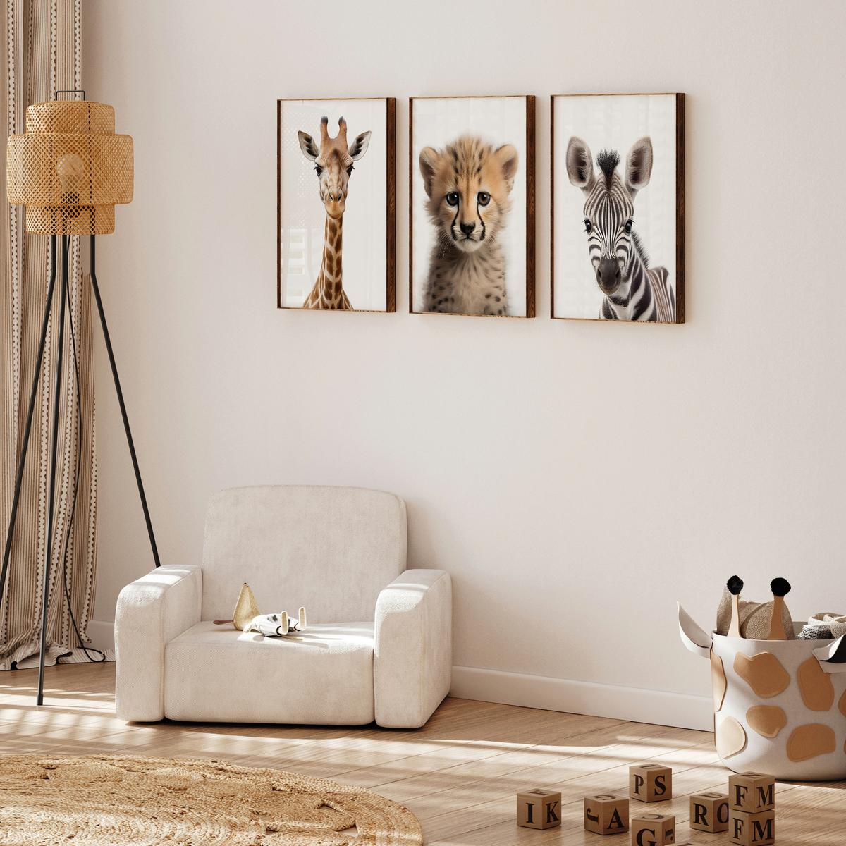 POSTER SET ohne Rahmen für Kinderzimmer WILDTIERE Giraffe Gepard Zebra A3 30x42cm - Gelb/Schwarz, Papier (30/42/1cm) - Muralo