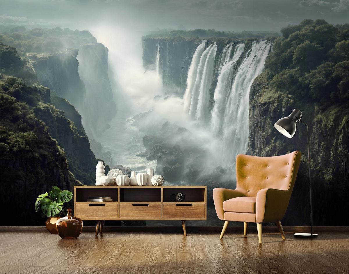 FOTOTAPETE Wasserfall Landschaft Grün 350x250 cm - Multicolor, Papier (350/250cm) - Wallarena
