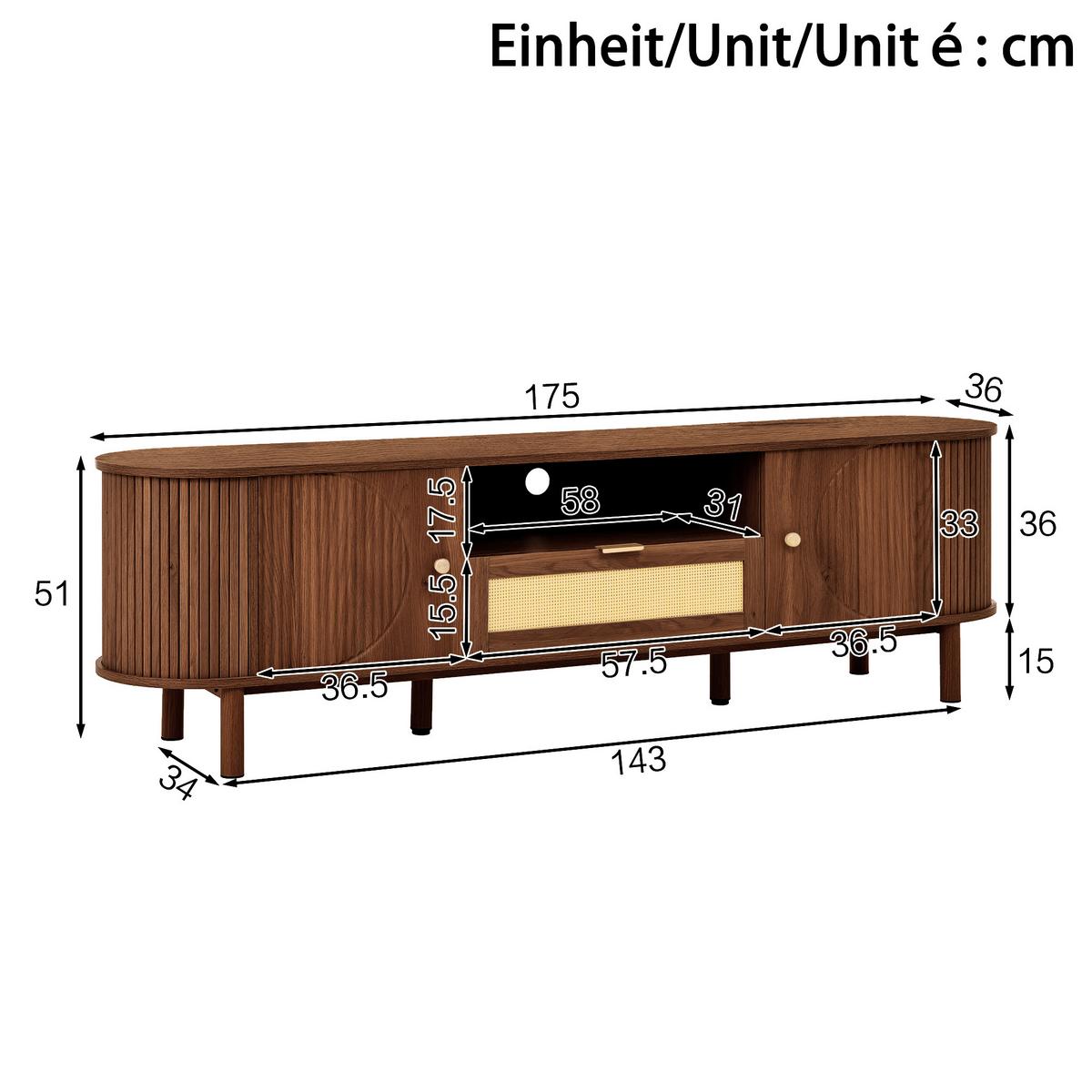 TV-SCHRANK 175 cm Nussbaum MDF mit Rattan-Schublade, offenen Fächern und Runddesign - Walnussfarben, Holzwerkstoff (175/51/36cm) - Urban Meuble