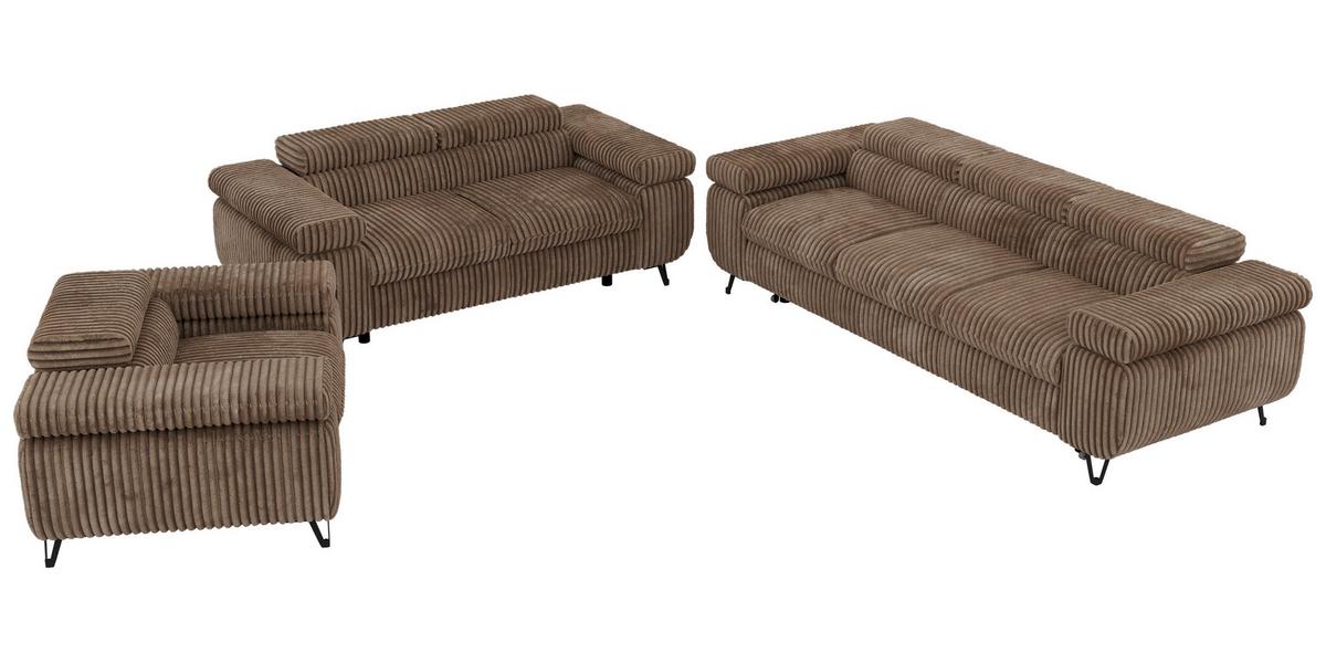 SITZGARNITUR PETER 1+2+3 mit Schlaffunktion - Braun Cord - Schwarz/Braun, Textil/Metall (262/76/99cm) - MKS