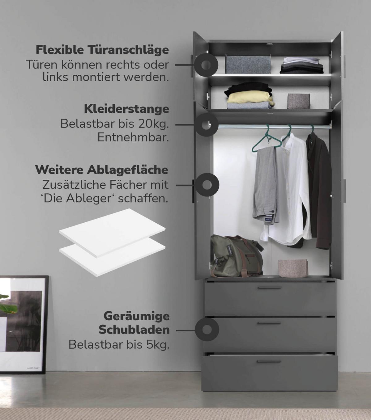 KLEIDERSCHRANK Der Grenzenlose - Anthrazit, Holzwerkstoff (90/234/58cm) - Mokebo
