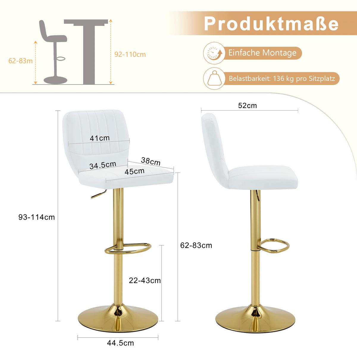 BARHOCKER 2ER-SET aus Kunstleder in Weiß und Gold, höhenverstellbar und 360° drehbar - Weiß, Leder (52/62/45cm) - Urban Meuble
