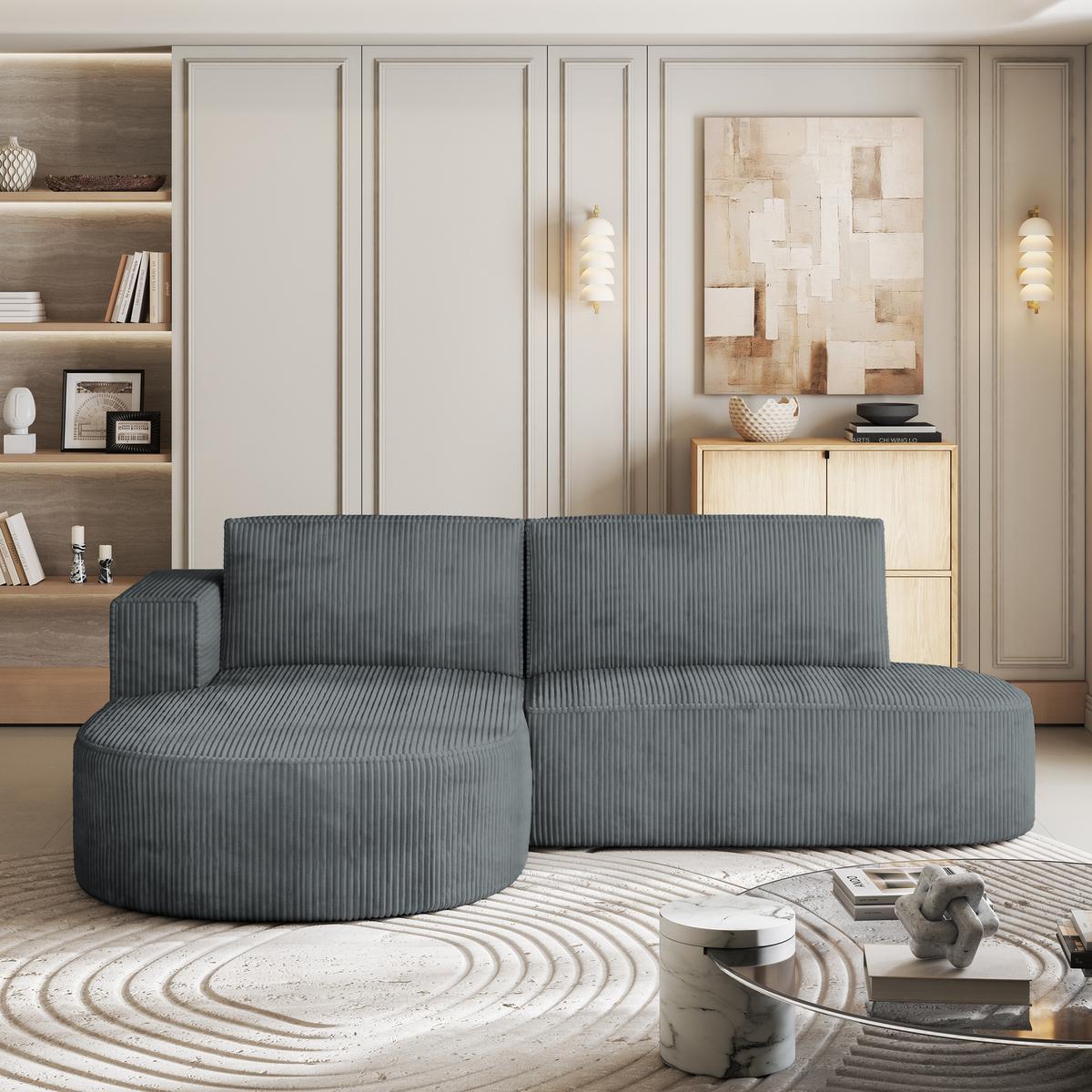 ECKSOFA CORTIO P L-S Grau Kordstoff mit Schlaffunktion - Grau, Holz (265/174cm) - MASSENO