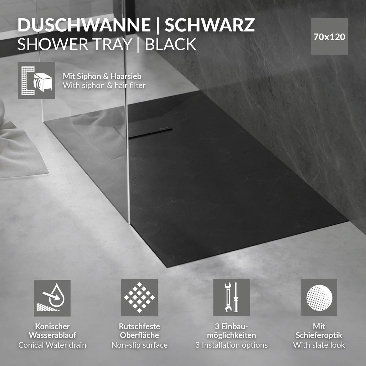 DUSCHWANNE 120x70 cm Schwarz mit Ablaufgarnitur aus SMC - Schwarz, Kunststoff (70/3/120cm) - LuxeBath