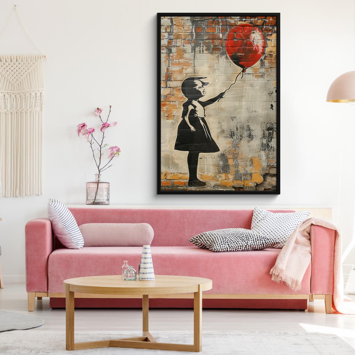 POSTER MIT RAHMEN Graffiti - Banksy - Mädchen - Straßenkunst Bilderleiste 80x120 cm - Sandfarben, Papier (80/120cm) - MuchoWow