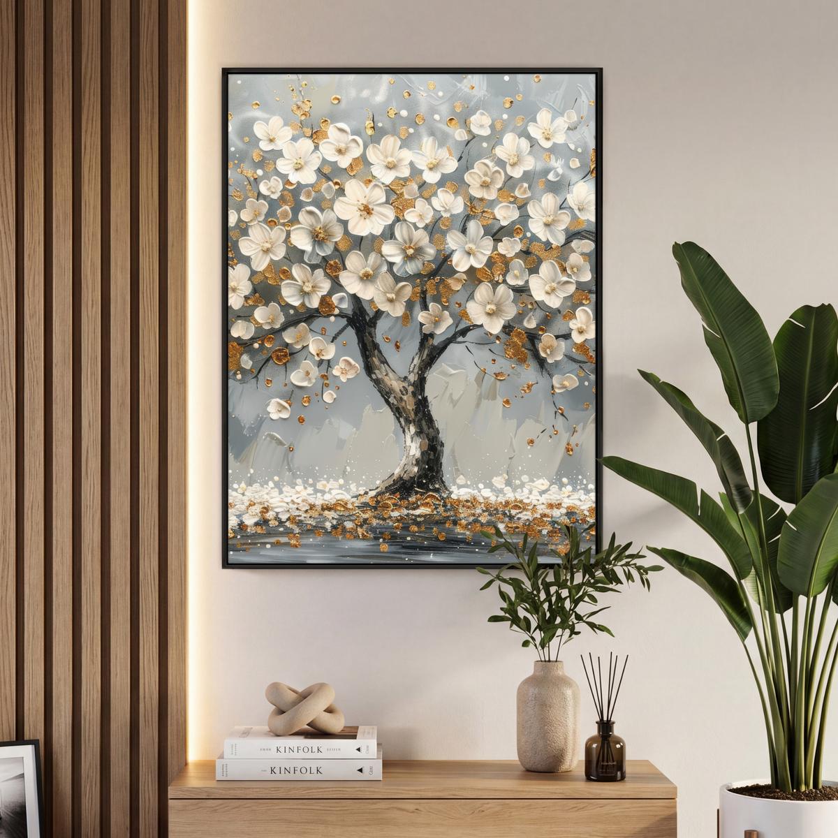 LEINWAND Bilder mit Rahmen - Baum - Blumen - Weiß - Natur - Kunst - 70x100 - Weiß, Textil (70/100cm) - MuchoWow