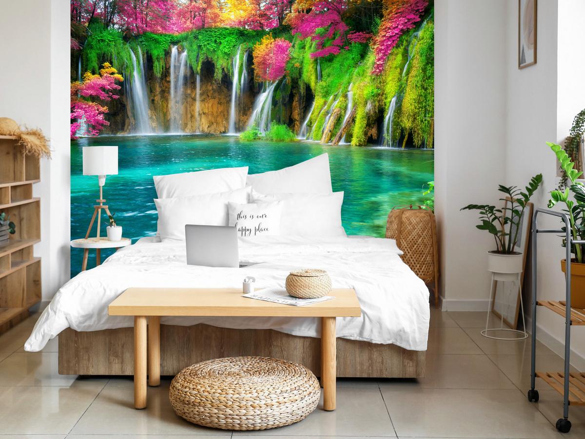 FOTOTAPETE für Küche Exotischer Wasserfall Bäume Pflanzen Tropisch 300x210 - Türkis/Violett, Papier (300/210cm) - Muralo