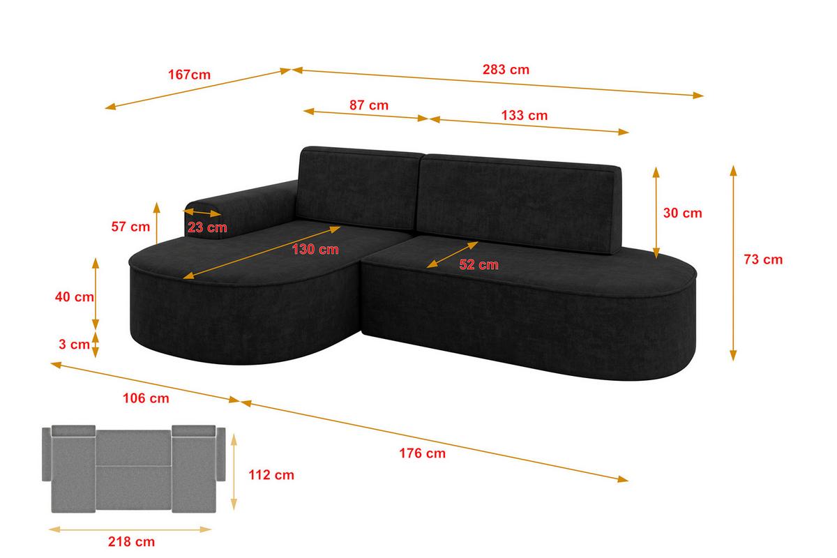 ECKSOFA mit Schlaffunktion und Bettkasten Ottomane Links MARI-L1-S - 283x167x73 cm Schwarz Velours - Schwarz, Holzwerkstoff/Kunststoff (283/167cm) - ALTDECOR