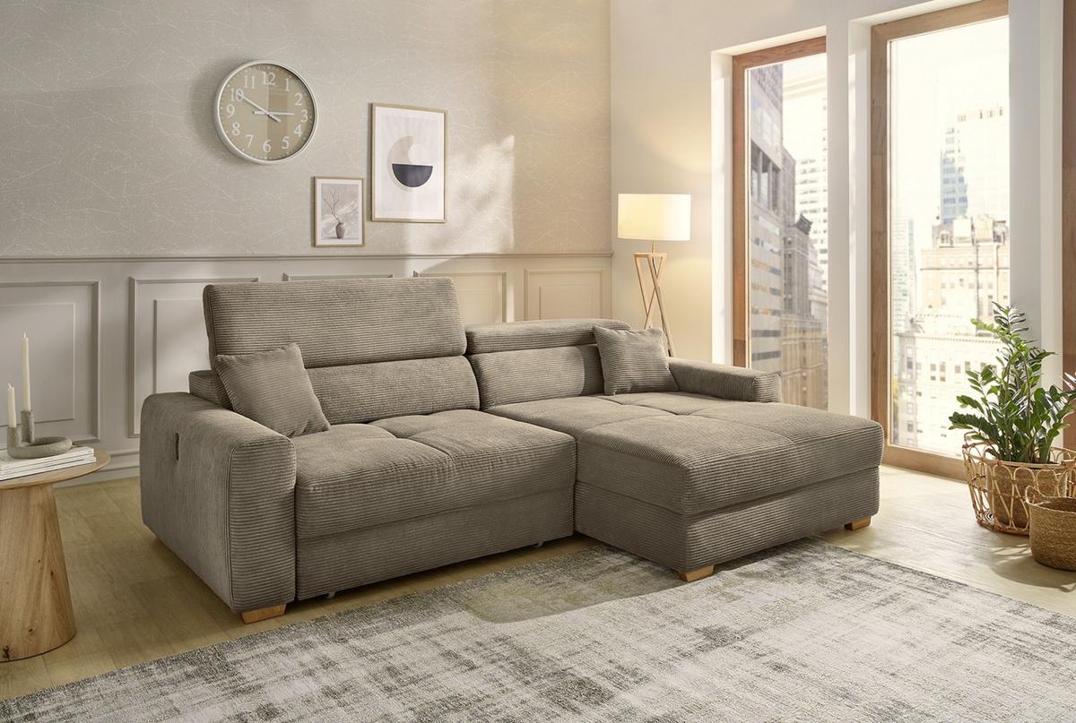 ECKSOFA mit elektrischer Sitztiefenverstellung, Kopflehnen verstellbar, USB-A und USB-C Ladefunktion B277/T187/H109 cm, Cord Braun Taupe / 15401 - Eichefarben/Braun, Eichenholz/Textil (277/187cm) - luma-home