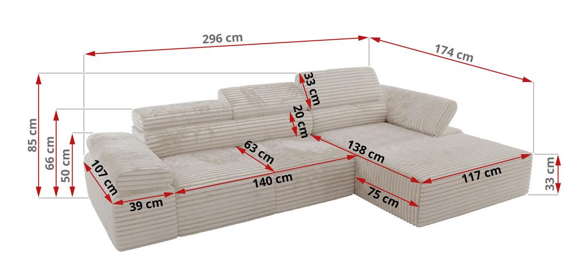 ECKSOFA RILASSO L Beige Cord - links - Beige/Schwarz, Kunststoff/Textil (296/174cm) - MKS