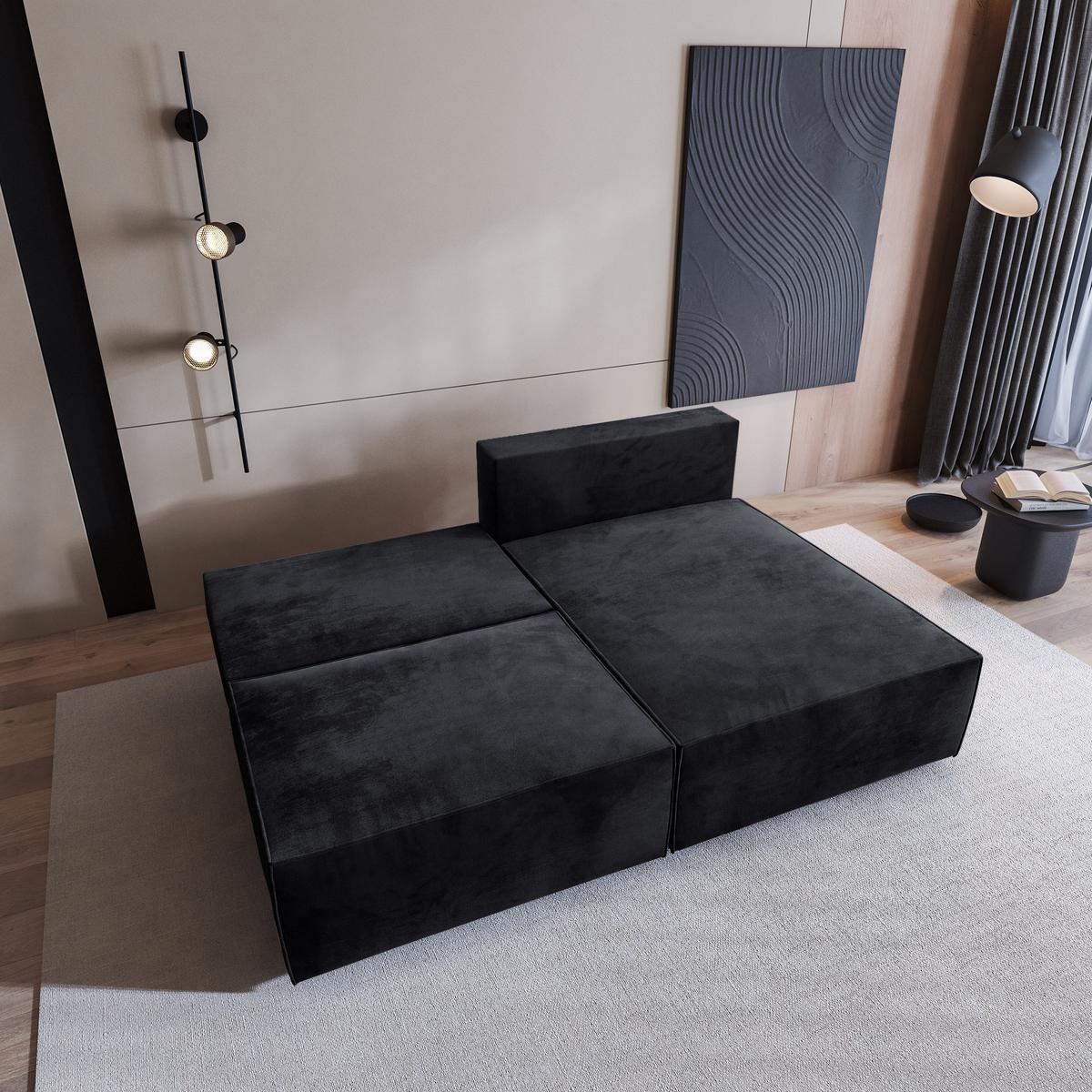 ECKSOFA FIORO M Schwarz Velours-Stoff mit Schlaffunktion - Schwarz/Grau, Holz/Kunststoff (204/148cm) - MASSENO