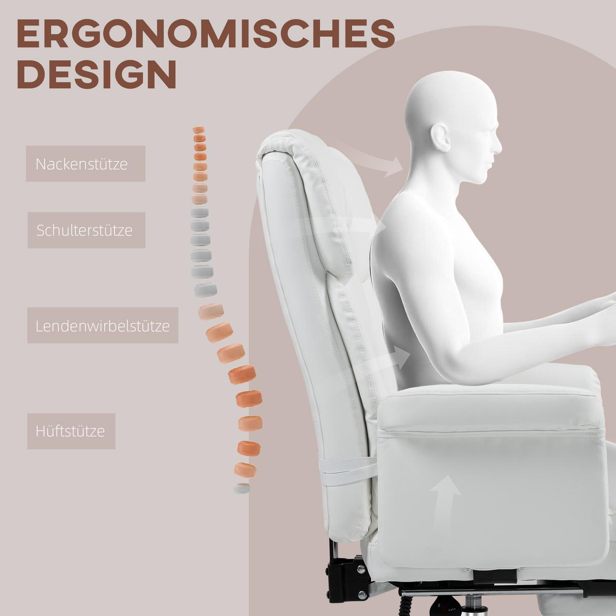 BÜROSTUHL, Ergonomisch Schreibtischstuhl mit Liegefunktion, Lendenkissen, Weiß - Chromfarben/Weiß, Kunststoff/Metall (65/115/69cm) - HOMCOM