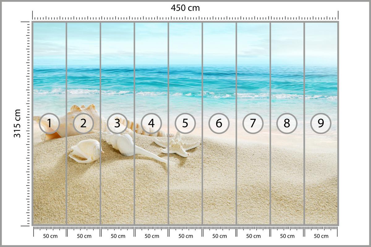 FOTOTAPETE für Badezimmer Muscheln Strand Sand Wellen Meer 450x315 - Beige/Weiß, Papier (450/315cm) - Muralo