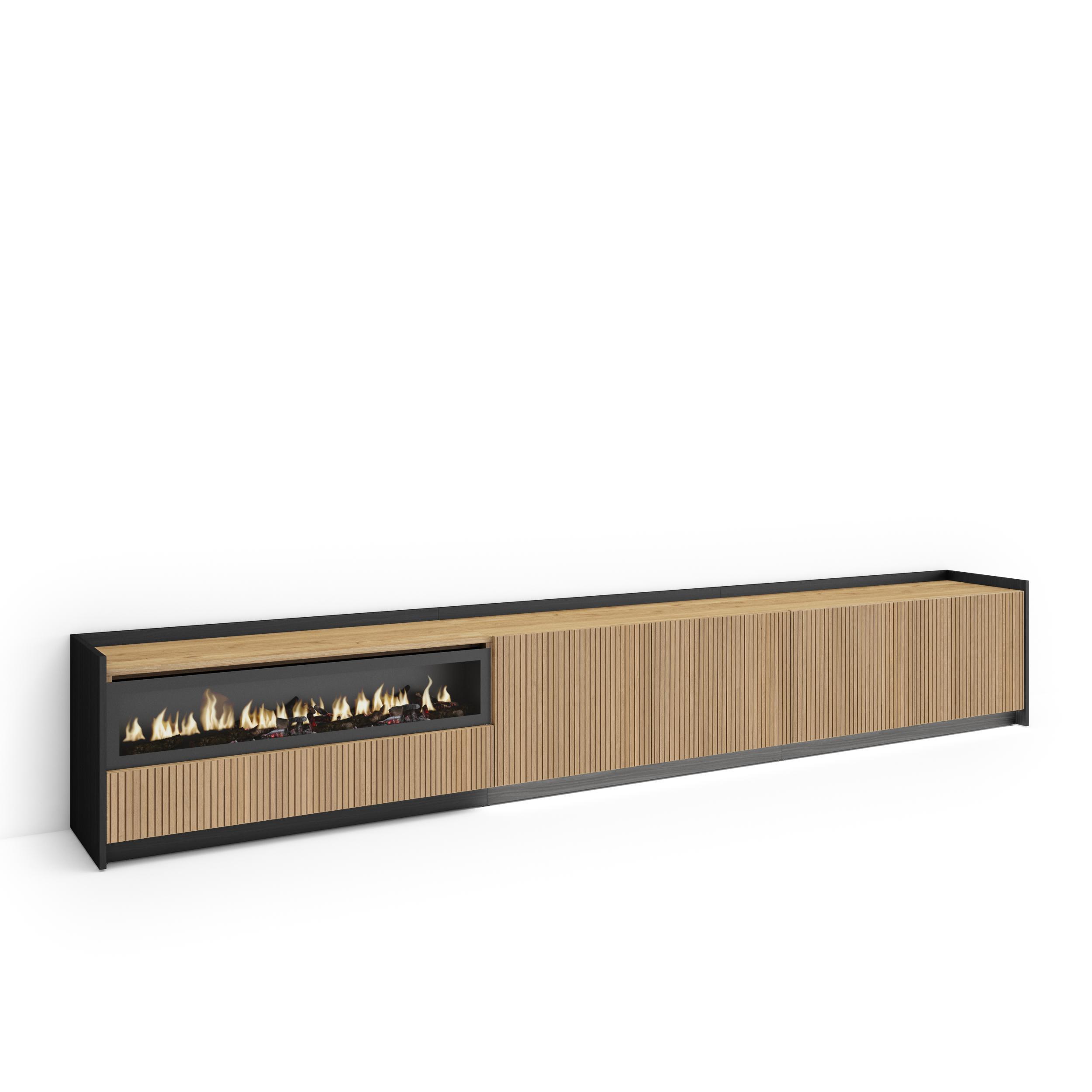 LOWBOARD, Eiche und Schwarz, 310/37/50cm, Elektrokamin, Led - Eichefarben, Holzwerkstoff (310/50/37cm) - Skraut Home
