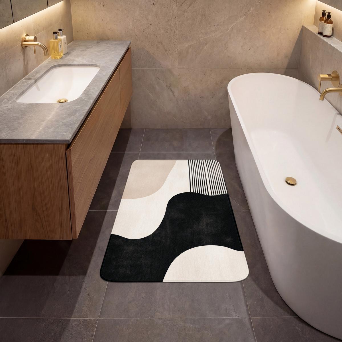 BADEMATTE Abstrakt - Japandi - Beige - Modern Rutschfest 60x90 cm - Beige/Schwarz, Textil (60/90cm) - OnlyWow
