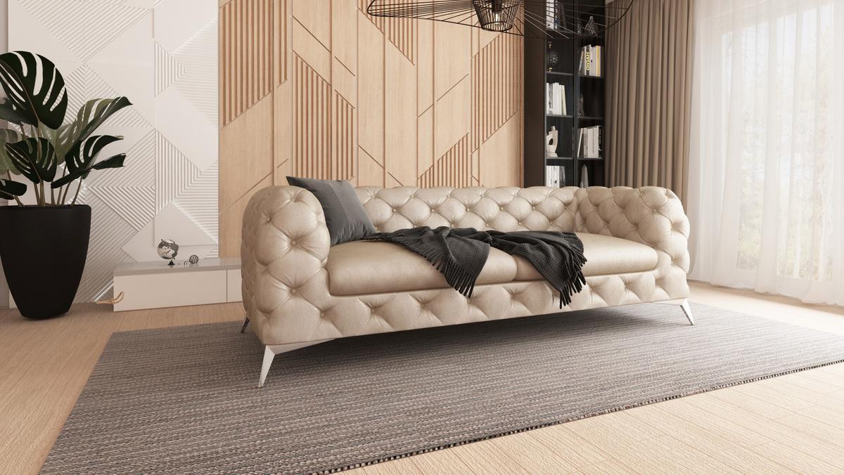 CHESTERFIELD-SOFA 3-Sitzer Quantum Beige Samt - Beige/Silberfarben, Holz/Textil (225/75/100cm) - S-Style Möbel