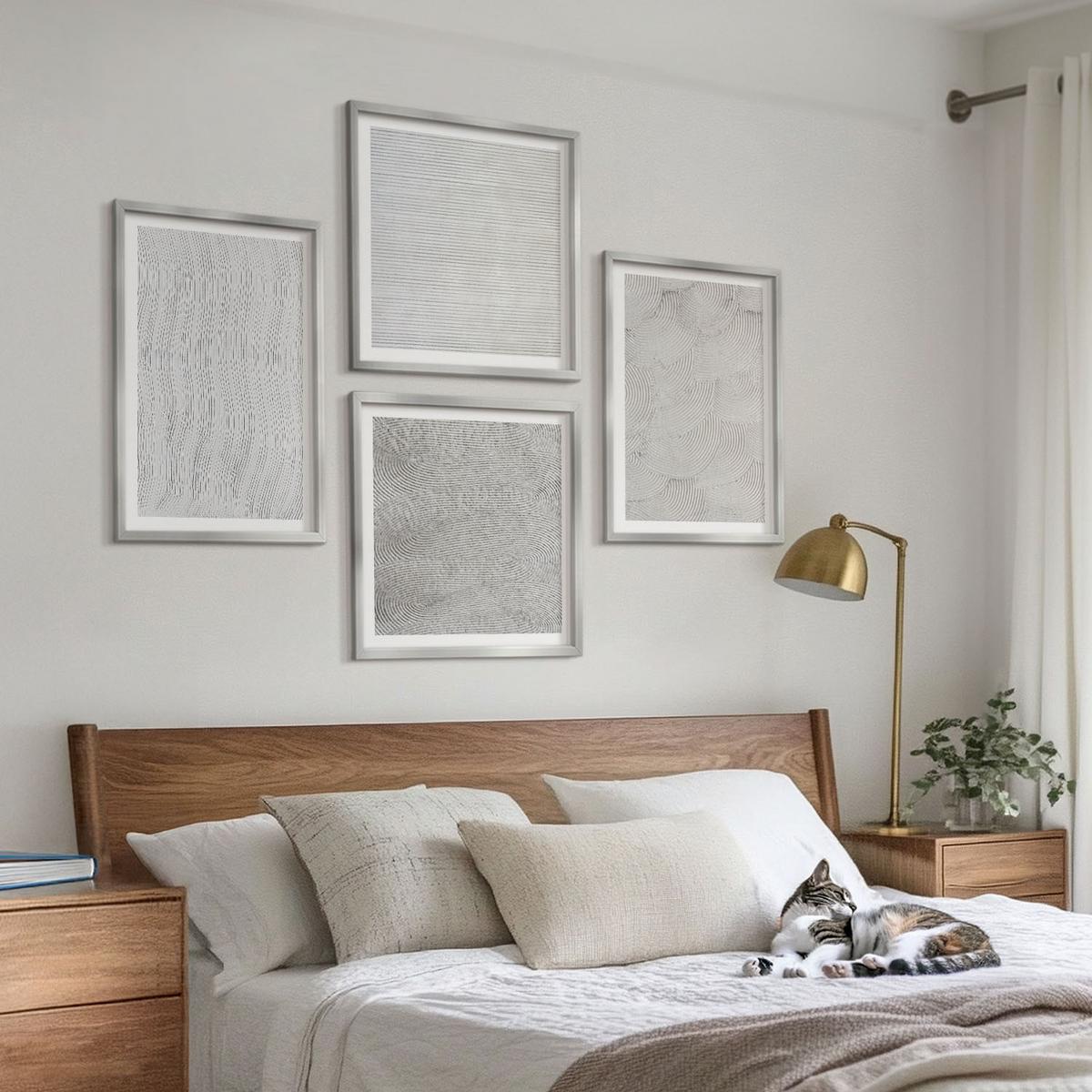BILDER SET 4er Set - 50x50 cm & 40x60 cm Silberner Rahmen - Sandmuster geometrische Strukturen - Silberfarben, Kunststoff (50/50cm) - TULUP
