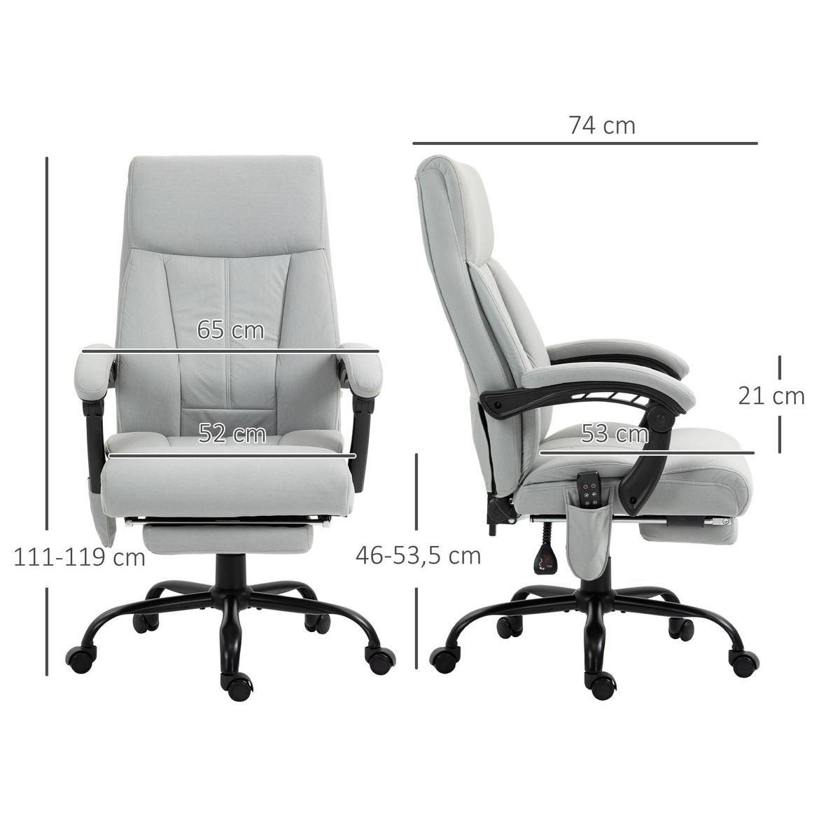 BÜROSTUHL mit Vibrationsmassage, Ergonomisch Schreibtischstuhl mit Liegefunktion - Hellgrau, Kunststoff (74/119/65cm) - Vinsetto