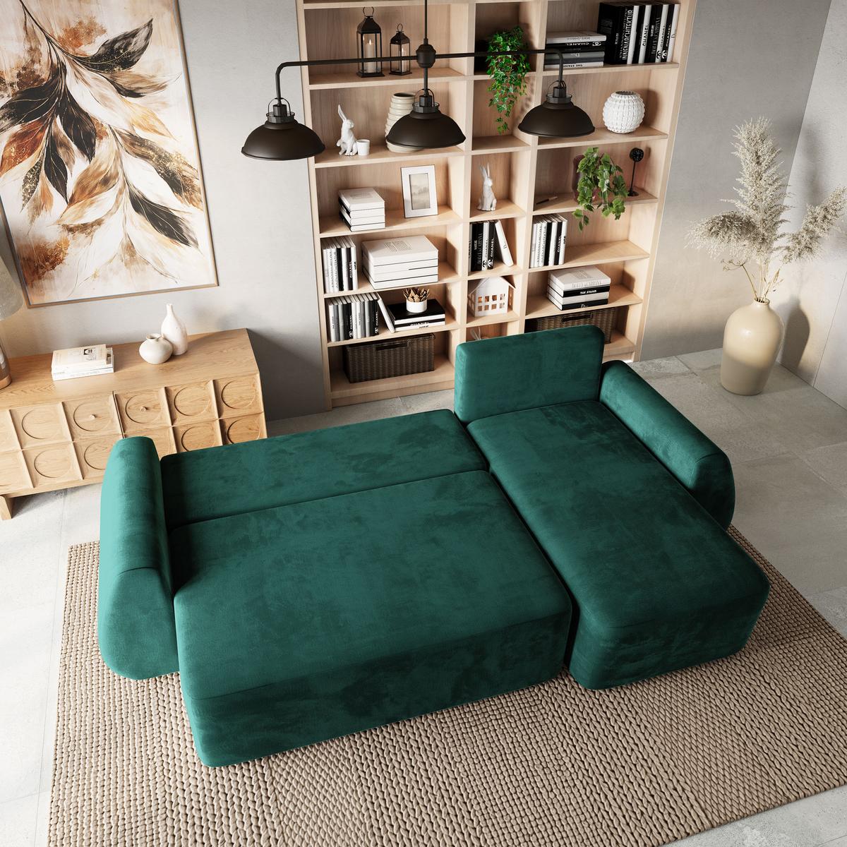 ECKSOFA GALVIS Grün Velours-Stoff mit Schlaffunktion - Grün, Holz (256/156cm) - MASSENO