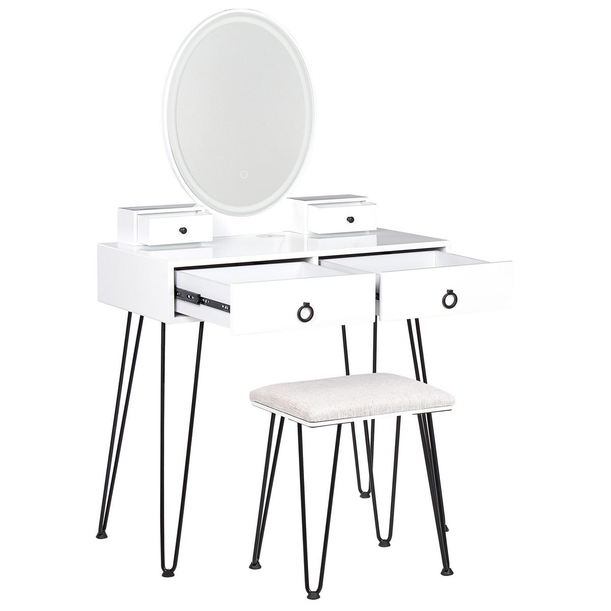 SCHMINKTISCH mit ovalem LED-Spiegel Hocker 4 Schubladen USB-Port weiß/schwarz Soye - Schwarz/Weiß, Holzwerkstoff (80/136/40cm) - Beliani
