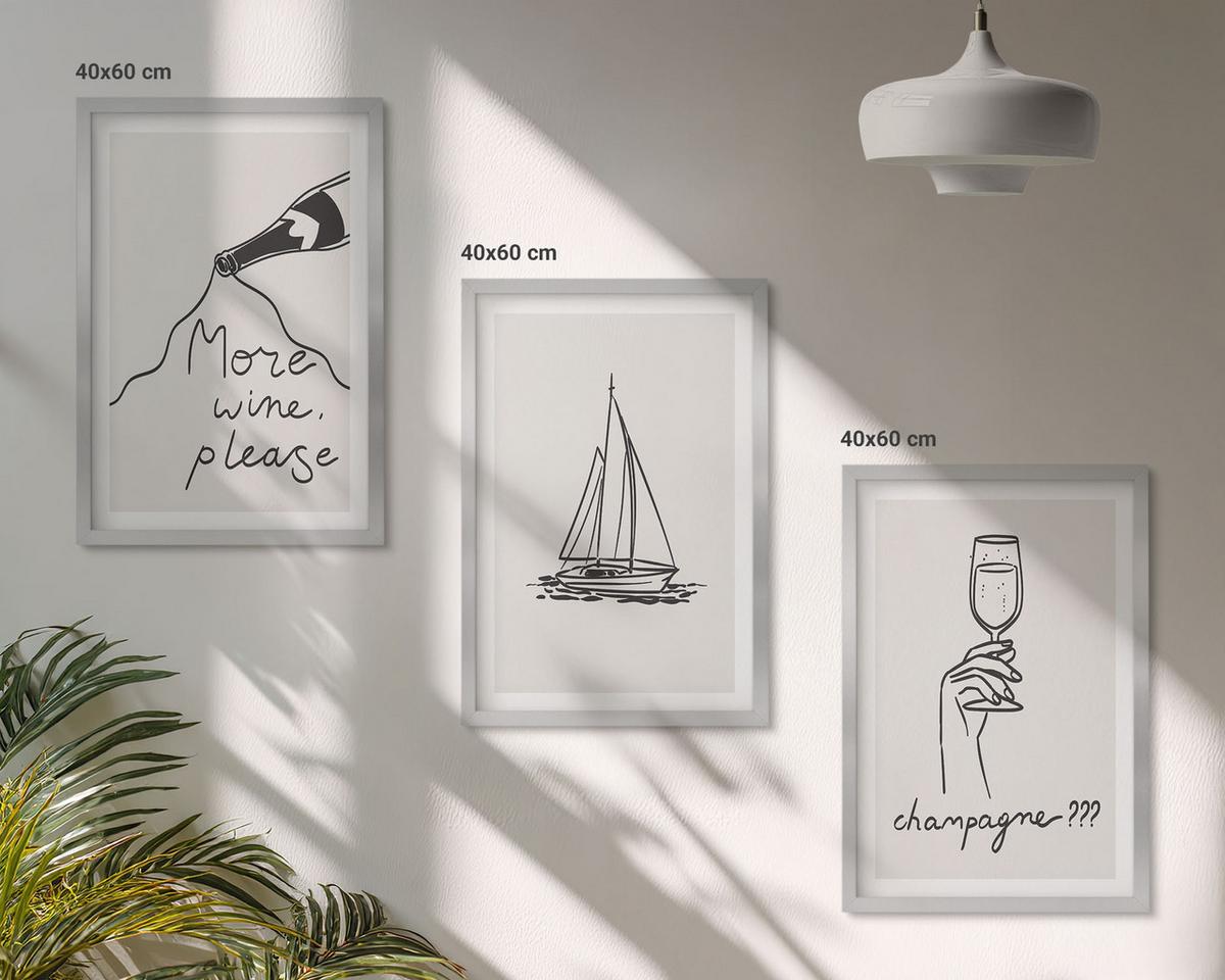 BILDER SET 3er Set - 40x60 cm Silberner Rahmen - Weinsegelboot-Glas-Linienzeichnung - Silberfarben, Kunststoff (40/60cm) - TULUP