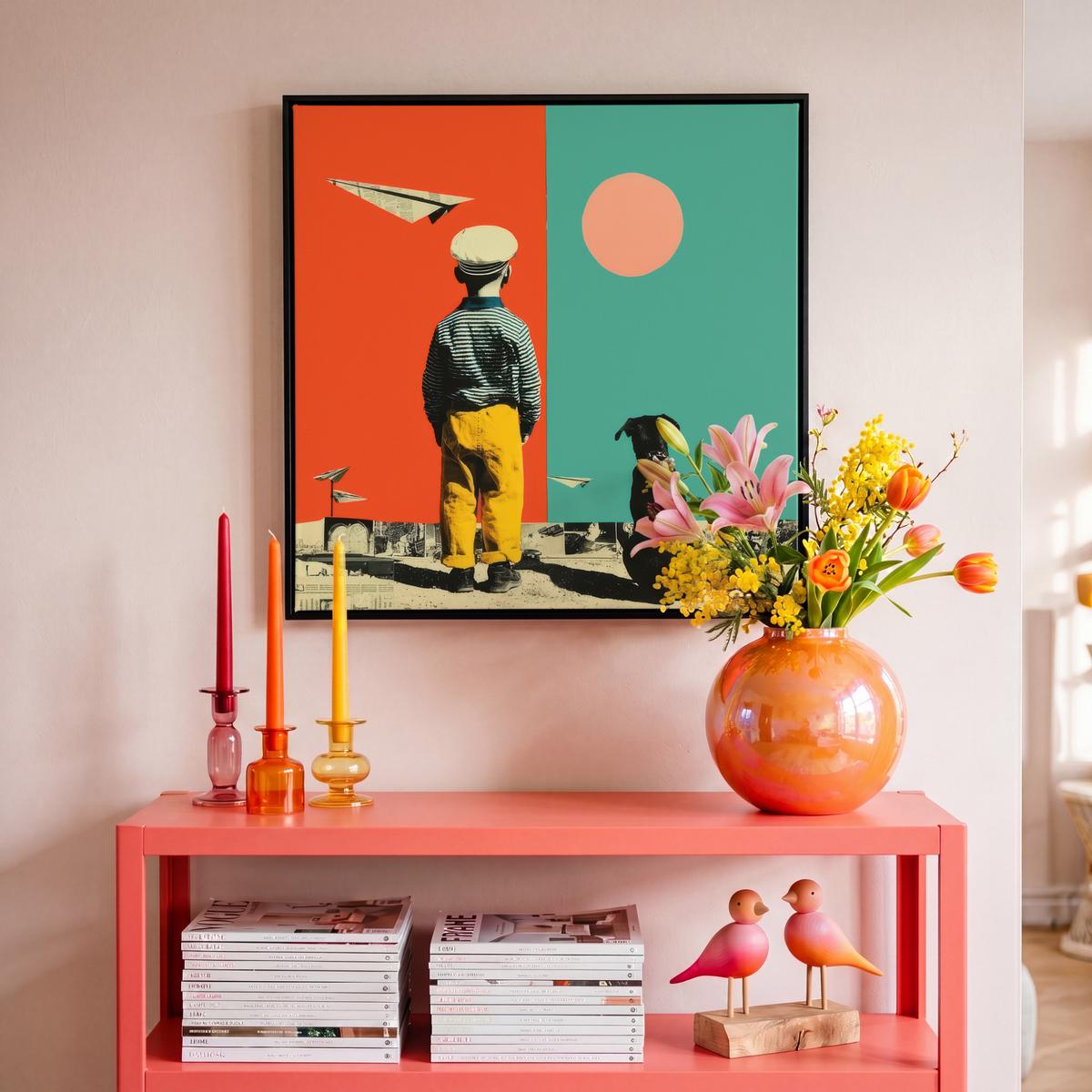 LEINWAND Bilder mit Rahmen - Retro - Junge - Hund - Rot - Grün - 50x50 - Orange, Textil (50/50cm) - MuchoWow