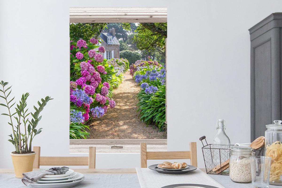 WANDTATTOO Hortensie - Durchsichtig - Blumen - Sommer - Lila - Weg Wandaufkleber 80x120 cm - Lila, Kunststoff (80/120/0.1cm) - MuchoWow