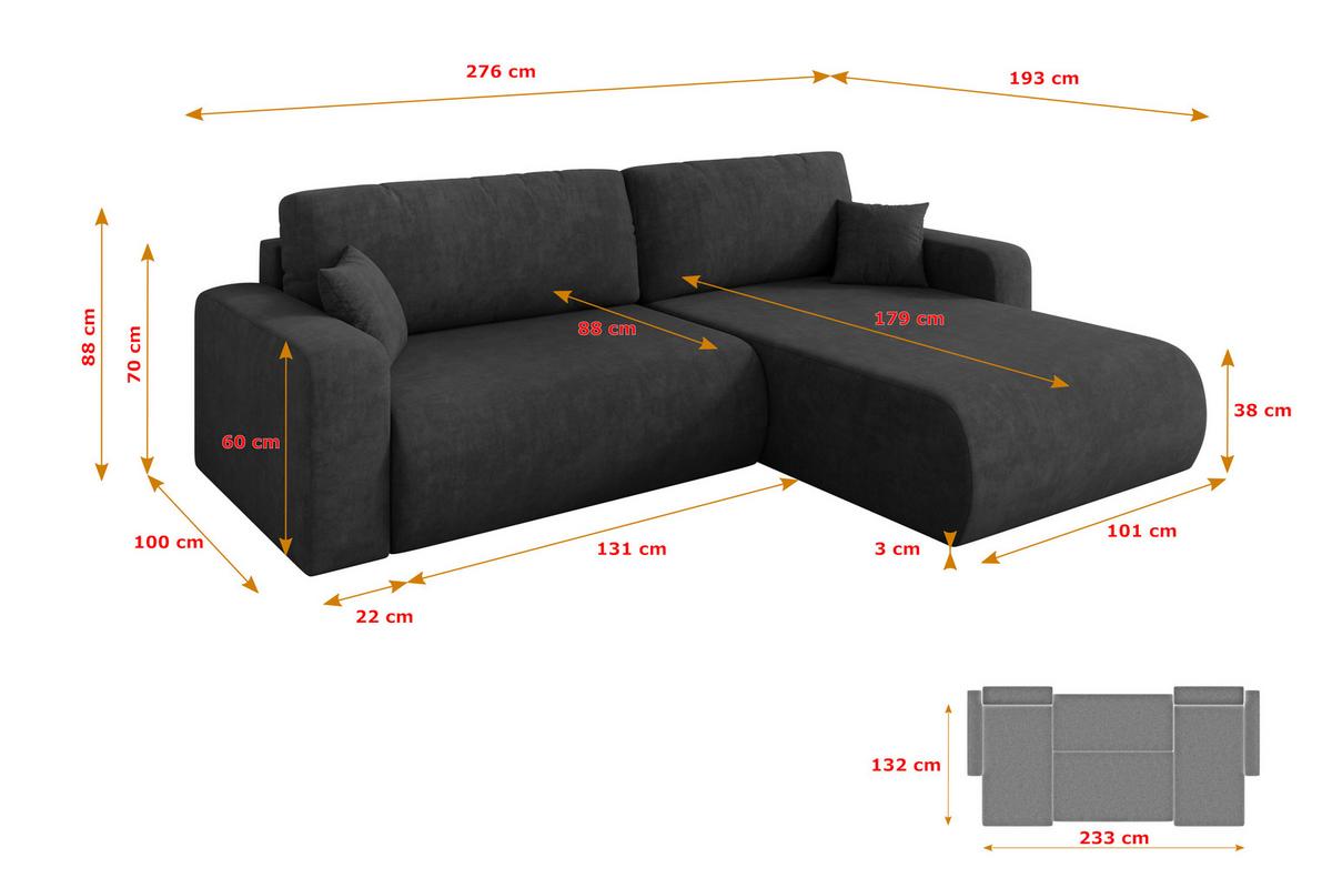 ECKSOFA mit Schlaffunktion Ottomane Rechts BERY-L 276x193x88 Dunkelgrau Velours - Anthrazit/Schwarz, Holzwerkstoff/Kunststoff (276/193cm) - ALTDECOR