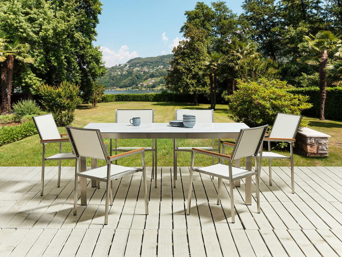 GARTENMÖBEL SET 6-Sitzer Keramik-Glas Marmor Optik Textil weiß Cosoleto/Grosseto - Silberfarben/Weiß, Glas - Beliani