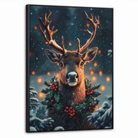 LEINWAND Bilder mit Rahmen - Hirsch - Weihnachten - Winter - Schnee - Weihnachtskranz - 50x70 - Dunkelbraun, Textil (50/70cm) - MuchoWow