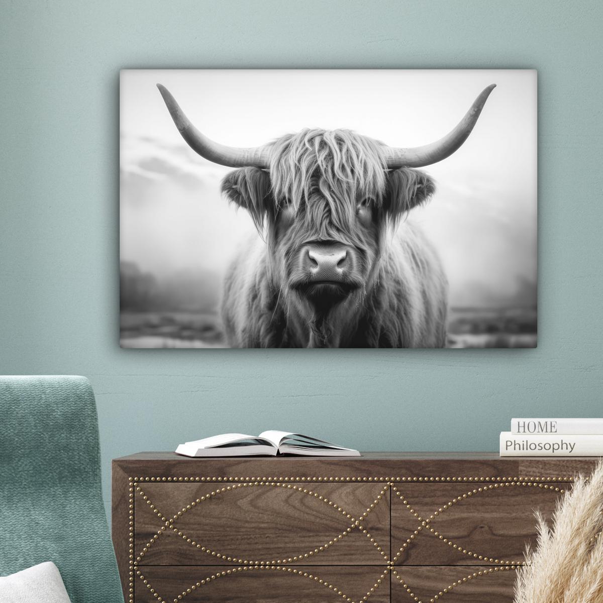 LEINWANDBILD Schottischer Highlander - Nebel - Schwarz - Weiß Gemälde 60x40 cm - Grau, Textil (60/40cm) - MuchoWow
