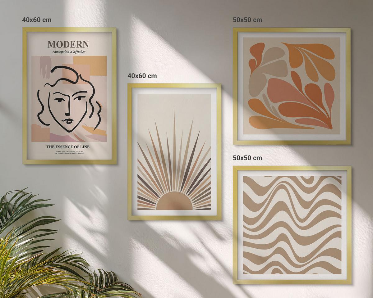 BILDER SET 4er Set - 50x50 cm & 40x60 cm Goldrahmen - Sonnen-Boho-Pastelltönen - Goldfarben, Kunststoff (50/50cm) - TULUP