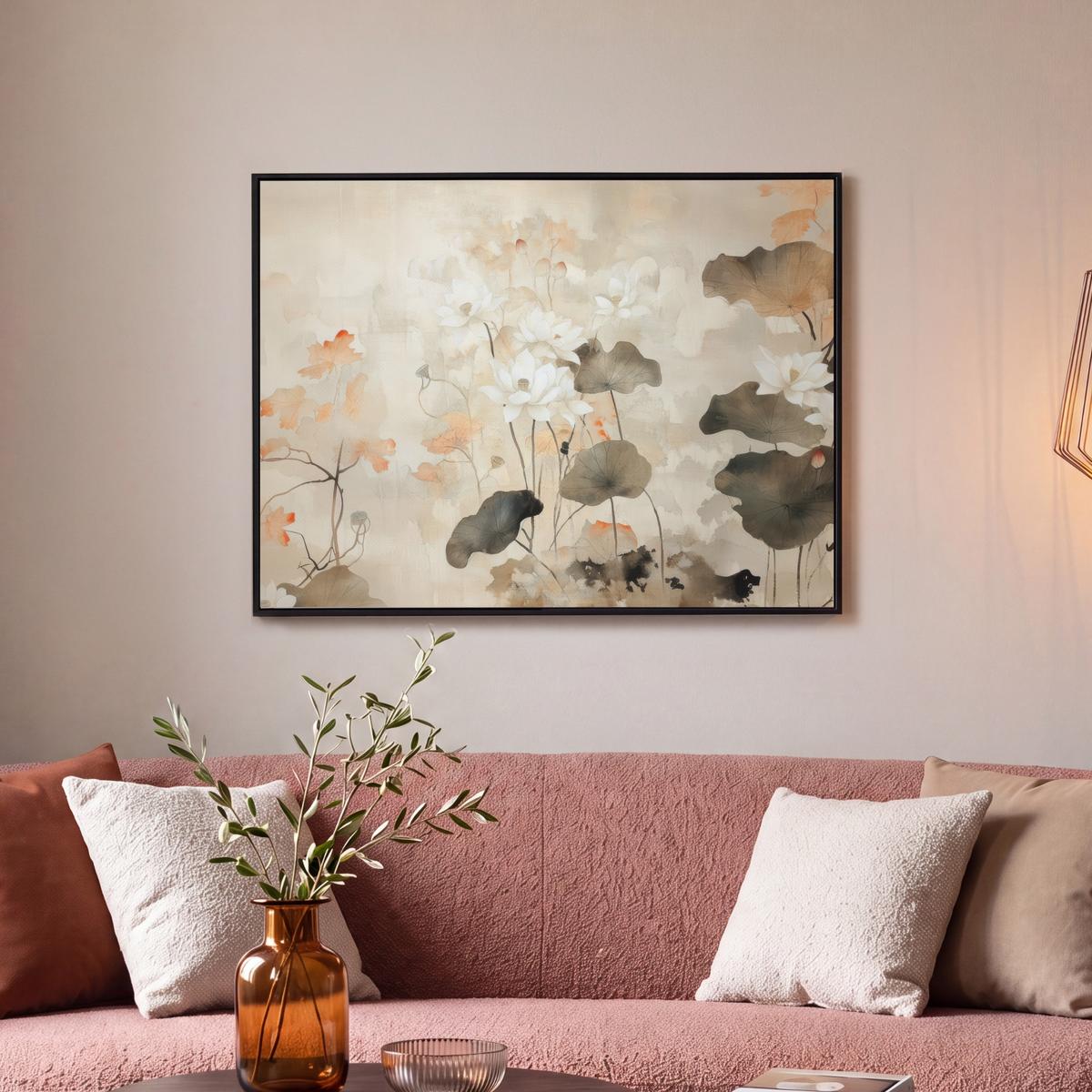 LEINWAND Bilder mit Rahmen - Blumen - Japandi - Wabi sabi - 70x50 - Sandfarben, Textil (70/50cm) - MuchoWow