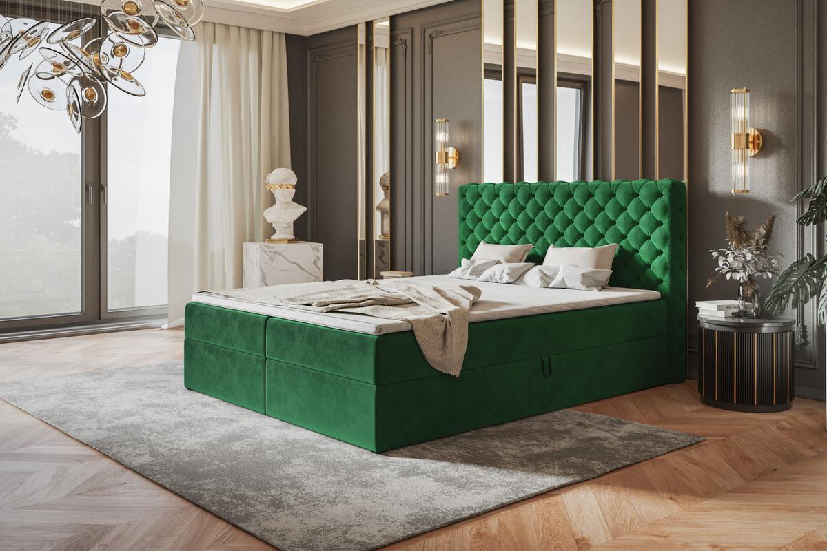 BOXBETT MIAMI mit 2 Bettkästen, 140x200, Farbe: Grün, Velourstoff, Doppelbett mit Bonell-Matratze - Grün, Holz/Kunststoff (140/200cm) - Alpi-Möbel