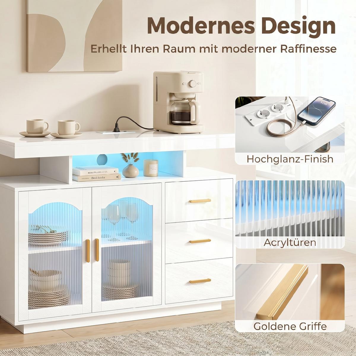 SIDEBOARD MDF Weiß - Weiß Hochglanz/Goldfarben, Holzwerkstoff/Metall (35/80/100cm) - HOMCOM