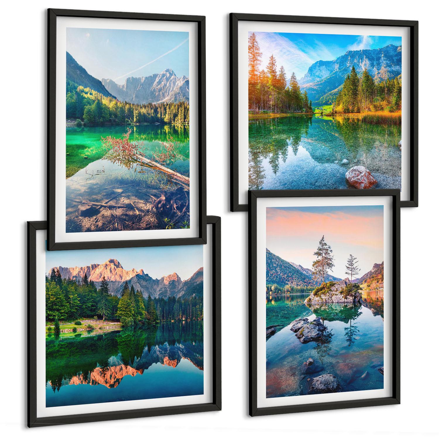 BILDER SET 4er Set - 50x50 cm & 40x60 cm Schwarzer Rahmen - Naturlandschaft der Bergseen - Schwarz, Kunststoff (50/50cm) - TULUP