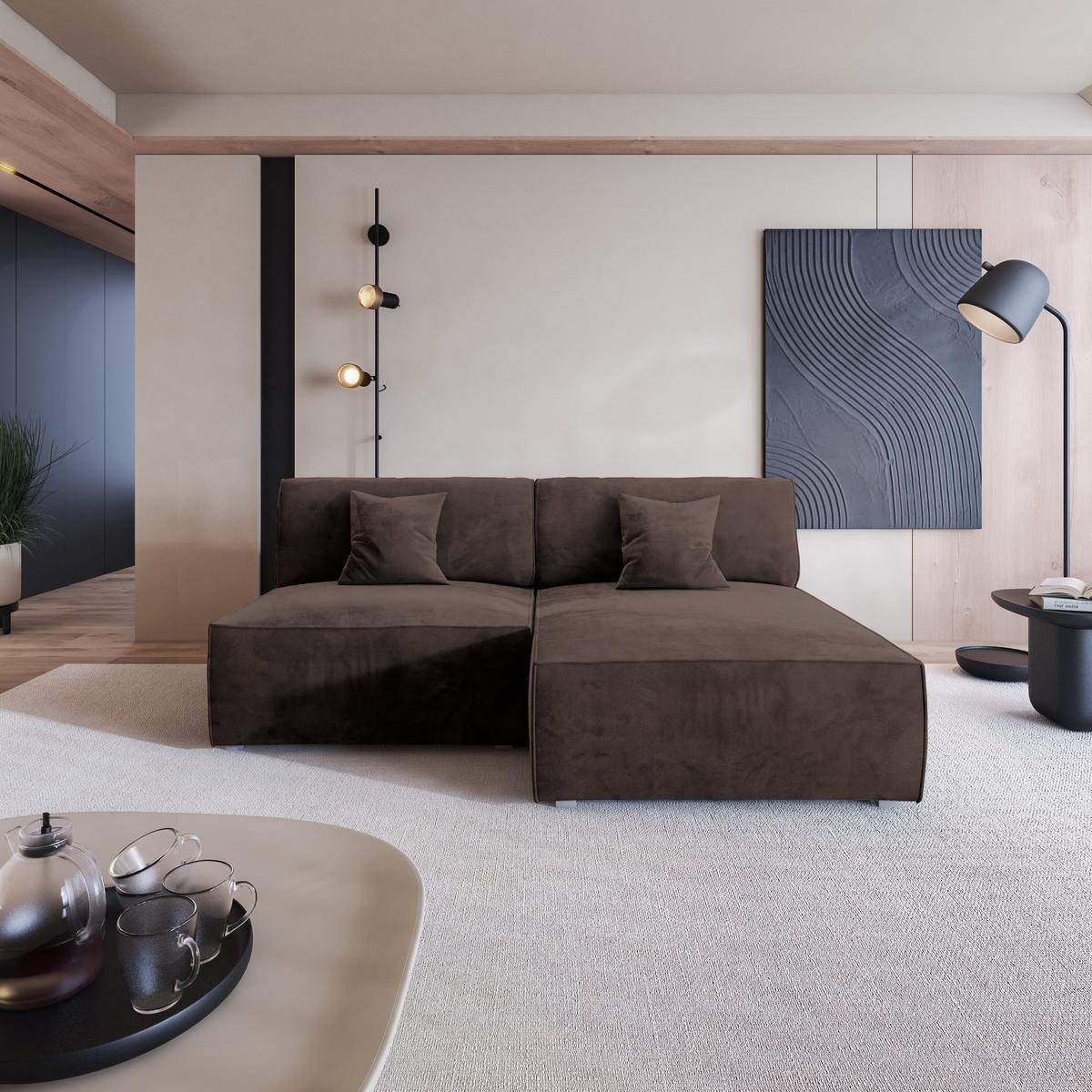 ECKSOFA FIORO M Braun Velours-Stoff mit Schlaffunktion - Braun/Grau, Holz/Kunststoff (204/148cm) - MASSENO