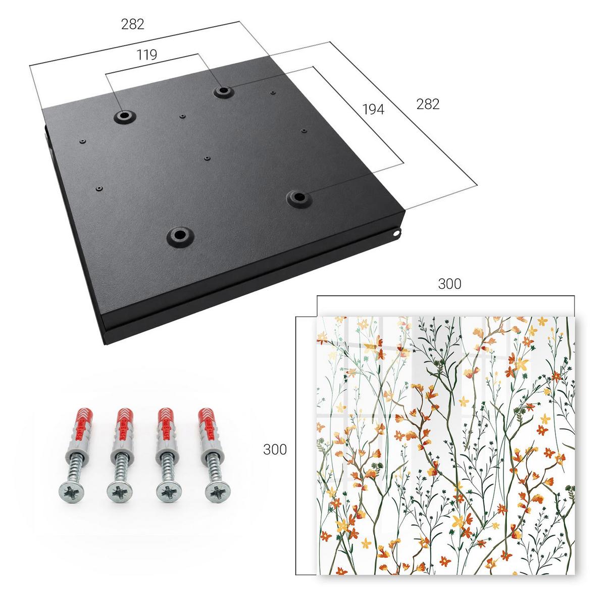 SCHLÜSSELBOX Schwarz 30x30 cm- Türöffnung nach rechts - Blumenmuster - Weiß, Metall (30/30/5cm) - TULUP