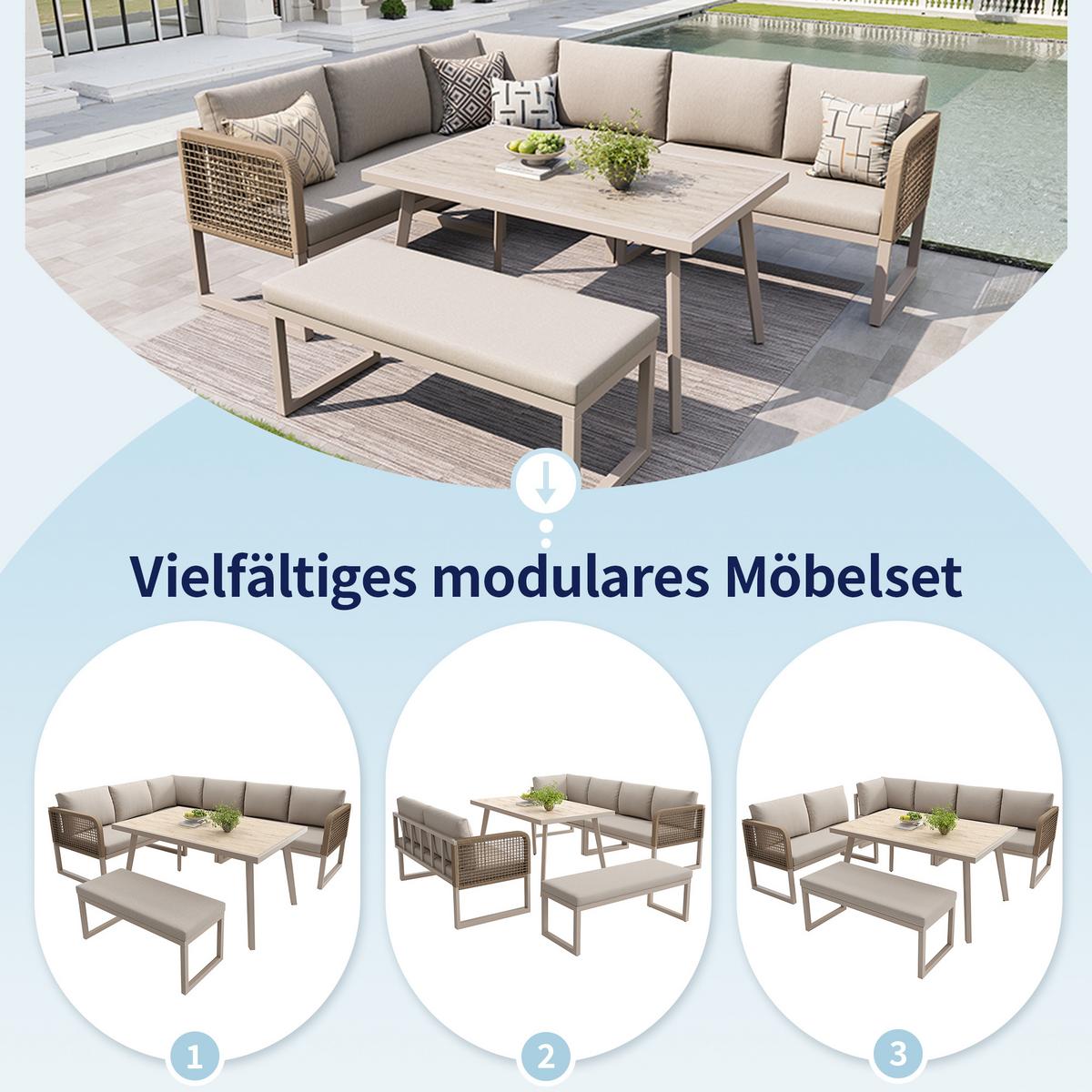 LOUNGEGARNITUR PE-Rattan Beige Ecksofa mit Tisch & Bank - Beige, Metall - Urban Meuble