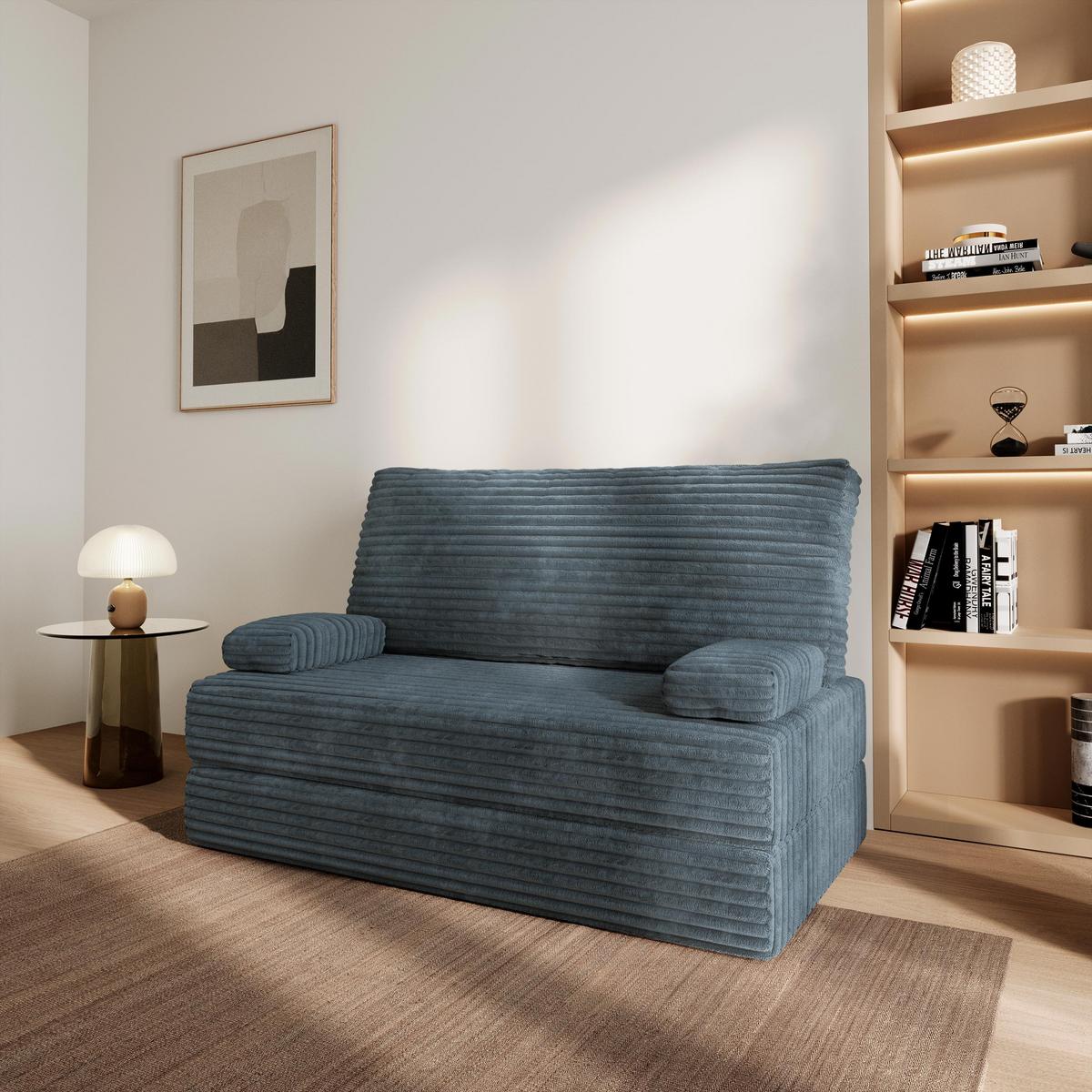 BETTSOFA LADIA aus Schaumstoff Kordstoff Grau Schlaffunktion - Blaugrau, Textil (140/86/60cm) - MASSENO