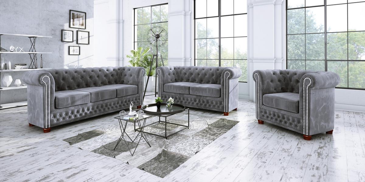 CHESTERFIELD-SOFA 2-sitzer Lauren Grau Samt - Braun/Grau, Holz/Textil (148/72/86cm) - S-Style Möbel