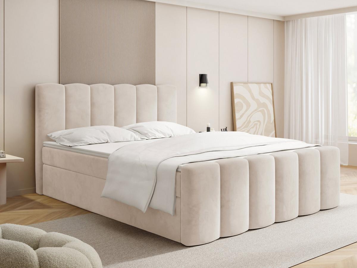 BOXBETT Serenity mit Bettkasten, Samt Beige 120x200 cm – inkl. H4 Taschenfederkern Matratze & Foam Topper - Ecru/Beige, Holz/Holzwerkstoff (120/200cm) - WFL GROUP