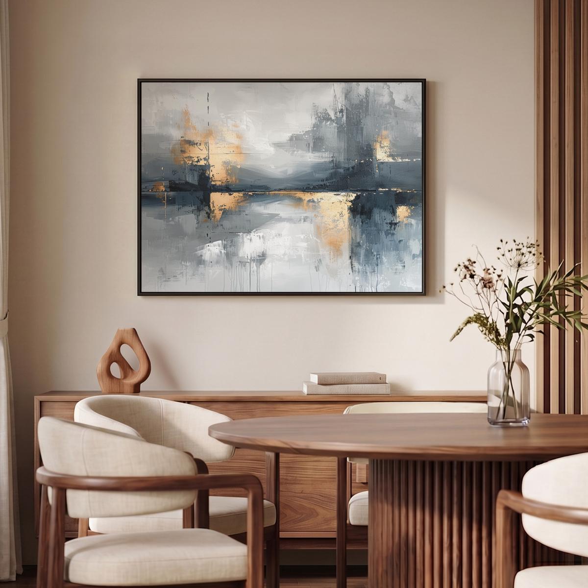 LEINWAND Bilder mit Rahmen - Kunst - Grau - Gold - Abstrakt - 100x70 - Dunkelgrau, Textil (100/70cm) - MuchoWow