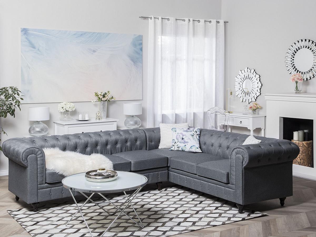 ECKSOFA Polsterbezug Hellgrau rechtsseitig Chesterfield - Grau, Textil (280/85cm) - Beliani